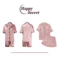 Happy Secret Womens Silk Satin Pajamas Set Short Sleeve Sleepwear Button Down Loungewear 2 Piece Pjs Lounge Set