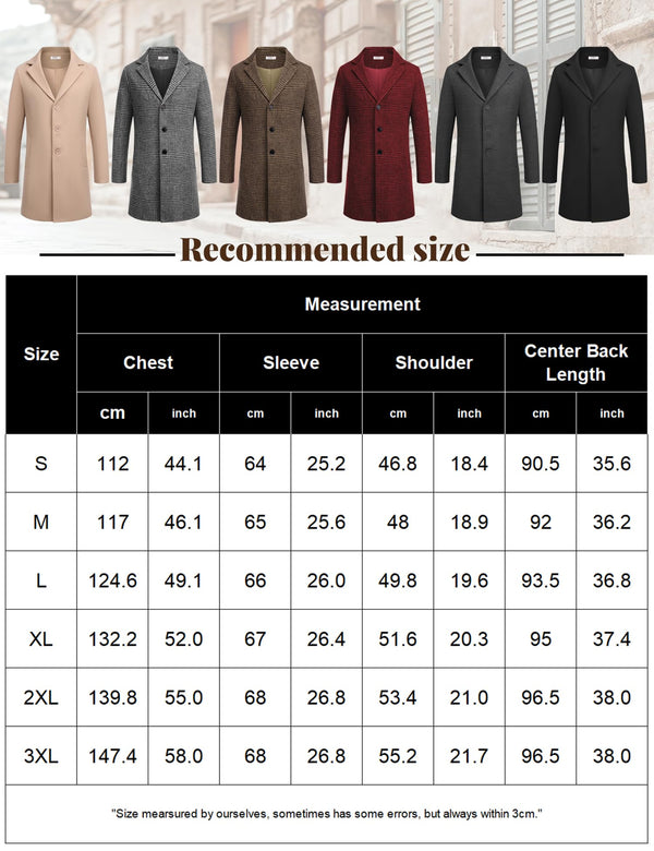 Gradplaza Men's Wool Blend Pea Coat Notched Collar Single Breasted Overcoat Warm Winter Trench Coat