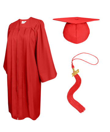 Matte Graduation Cap and Gown with Tassel Charm Unisex Red